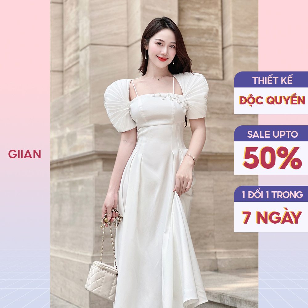 Váy trắng dáng dài tay bồng thiết kế cổ vuông đính hoa chính hãng Giian - GV2679