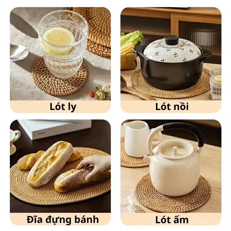 Lót Ly Mây Đan ONGTRE Tròn & Vuông 8-10cm - Đế Lót Cốc Thủ Công, Lót Ly Decor, Coaster Mây Tự Nhiên