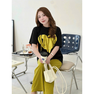 Set Bộ Đồ Nữ Áo Phông Trái Tim Xanh Nõn Chuối Dây Nổi Mix Quần Tăm Suông Ống Rộng Freesize