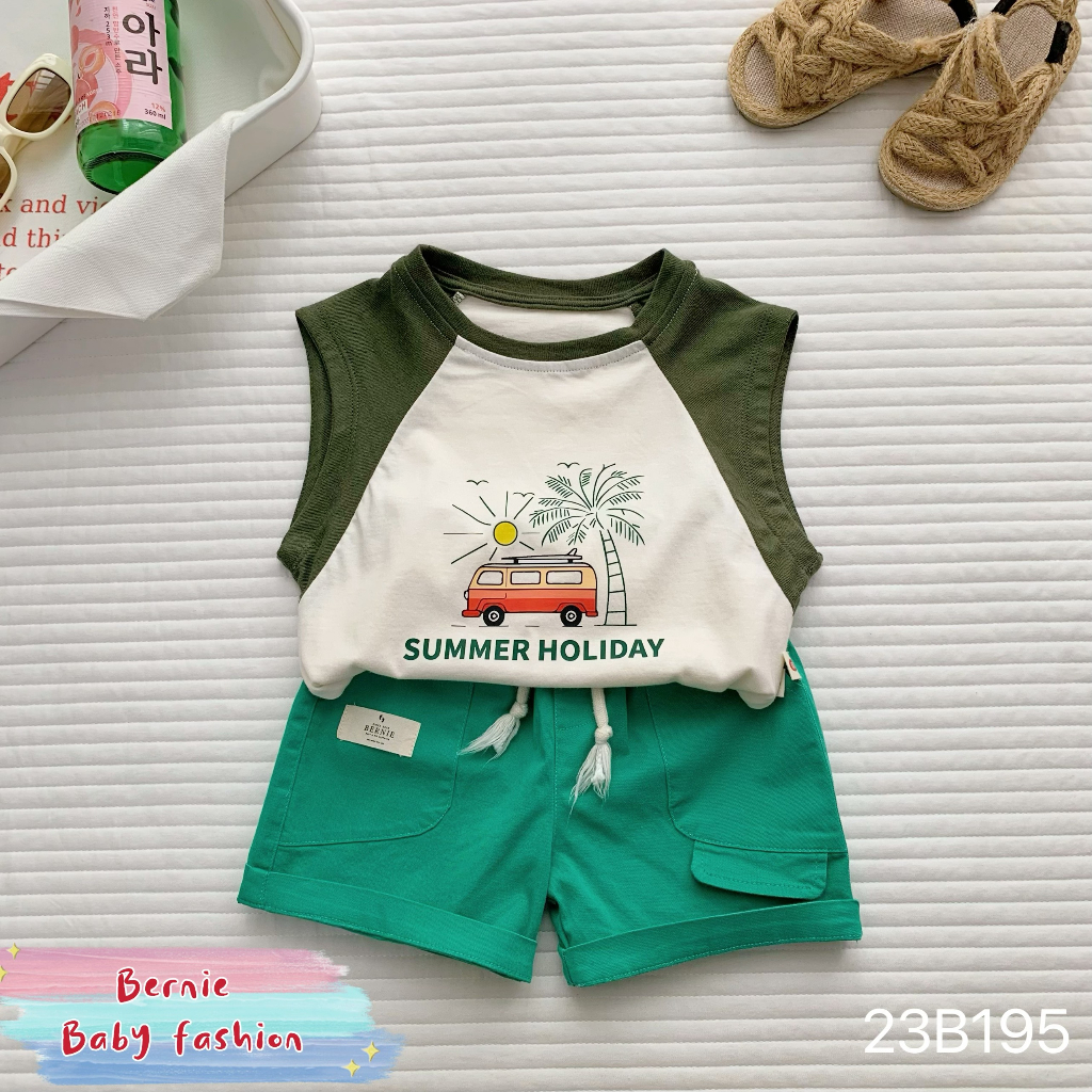 Bộ ba lỗ bé trai cotton mềm mát, bộ thun sát nách phối quần kaki sành điệu cho bé Bernie