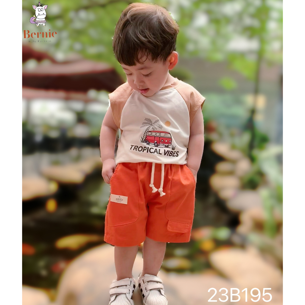 Bộ ba lỗ bé trai cotton mềm mát, bộ thun sát nách phối quần kaki sành điệu cho bé Bernie