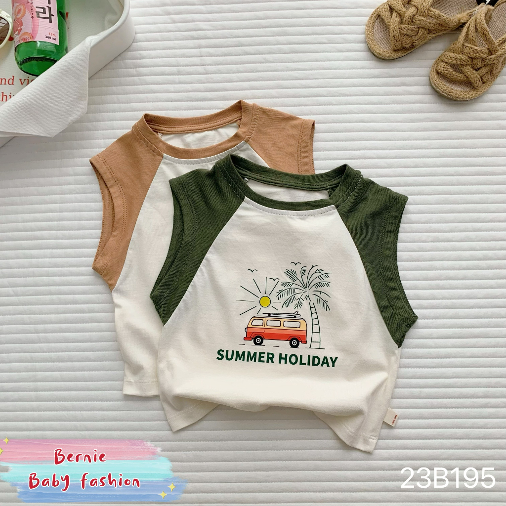 Bộ ba lỗ bé trai cotton mềm mát, bộ thun sát nách phối quần kaki sành điệu cho bé Bernie