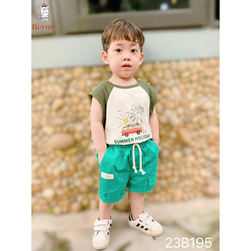Bộ ba lỗ bé trai cotton mềm mát, bộ thun sát nách phối quần kaki sành điệu cho bé Bernie