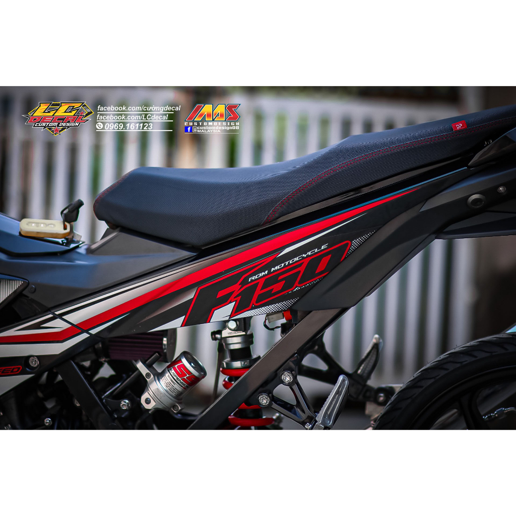 Tem UV cao cấp Satria F150. Sắc nét tuyệt đối, chuẩn khung kĩ thuật. Decal dán xe đen, phối trắng đỏ phong cách