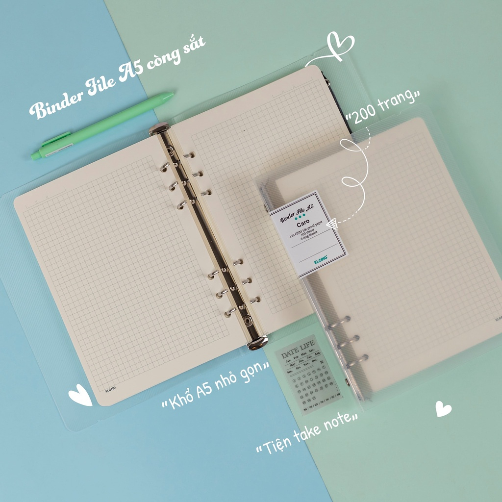 Sổ Klong caro dotgrid A5 120 GSM file nhựa kẹp còng 100 tờ. MS: 994, 995, 296, 297