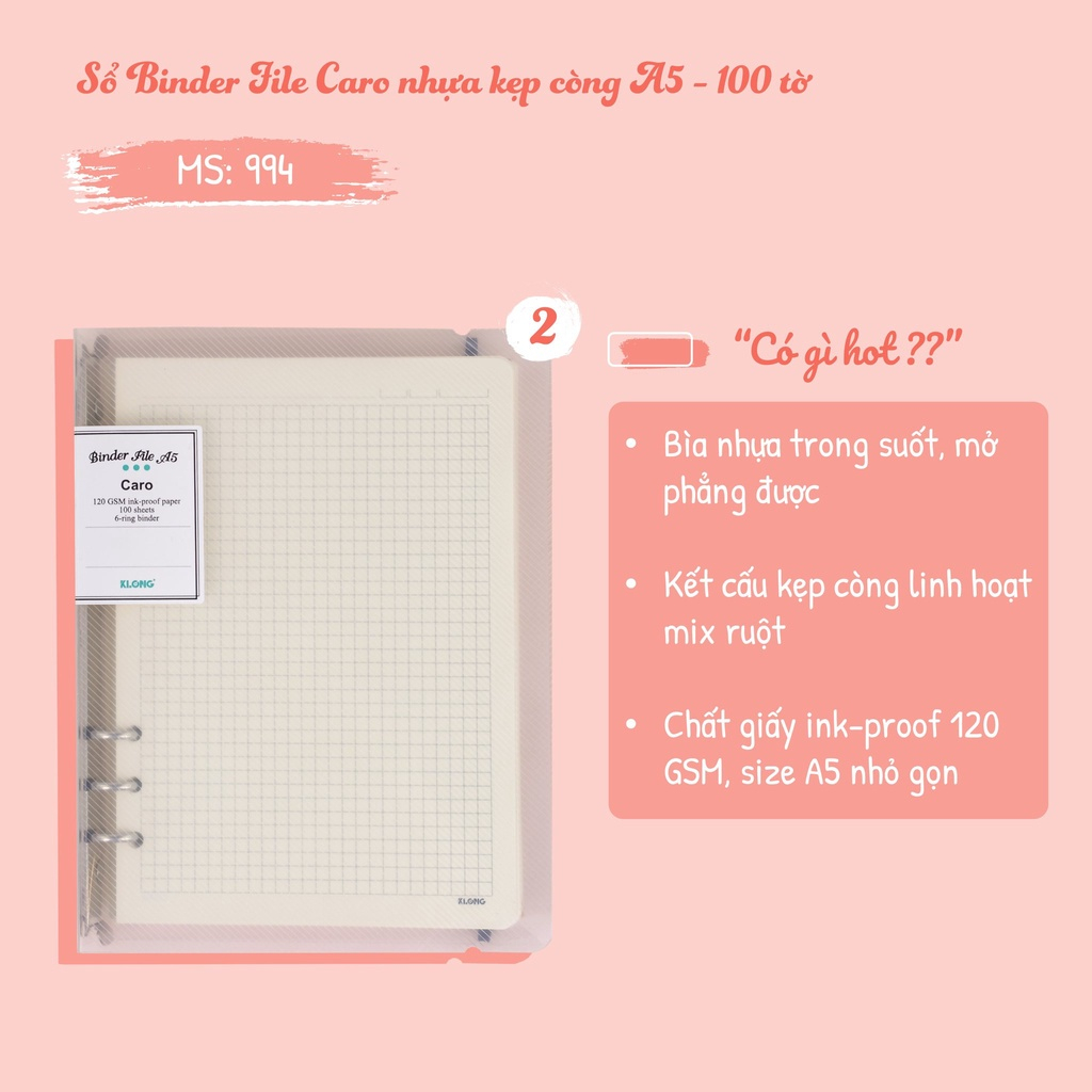 Sổ Klong caro dotgrid A5 120 GSM file nhựa kẹp còng 100 tờ. MS: 994, 995, 296, 297