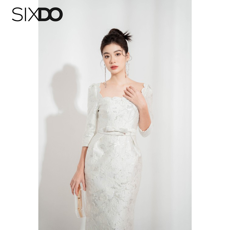 Đầm gấm midi cổ vuông dáng bút chì phối nơ eo SIXDO Square Neck Midi Brocade Dress