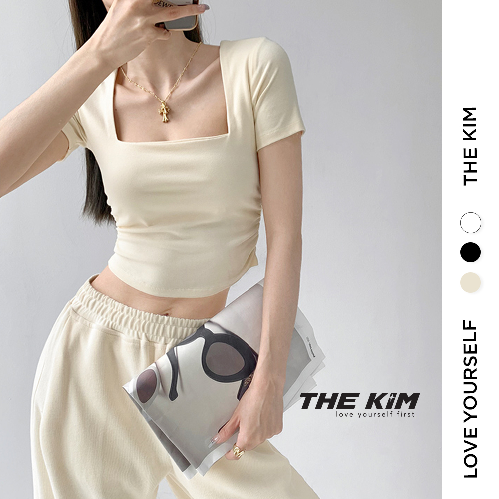 Áo thun croptop tay ngắn THE KIM , áo cổ vuông cho nữ nữ may hai lớp vải A112