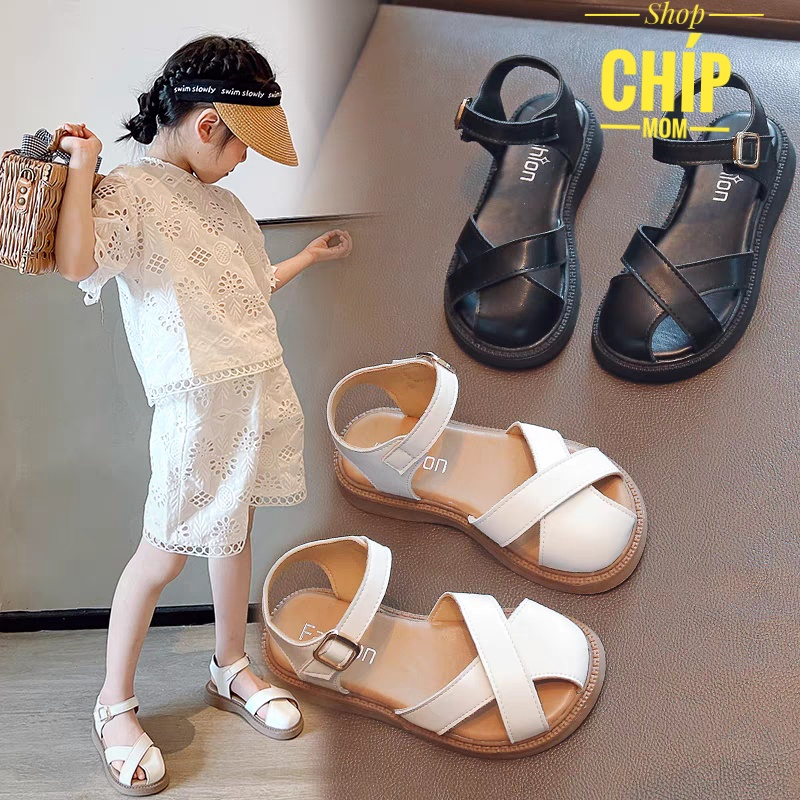sandal bé gái dép quai hậu cho bé da PU mềm QCCC thời trang hè thu cho bé từ 2 tuổi mẫu mới full hộp đen trắng 933