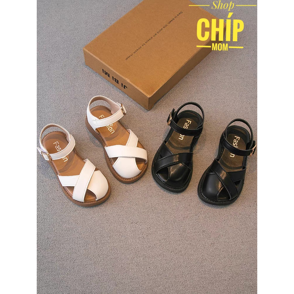 sandal bé gái dép quai hậu cho bé da PU mềm QCCC thời trang hè thu cho bé từ 2 tuổi mẫu mới full hộp đen trắng 933