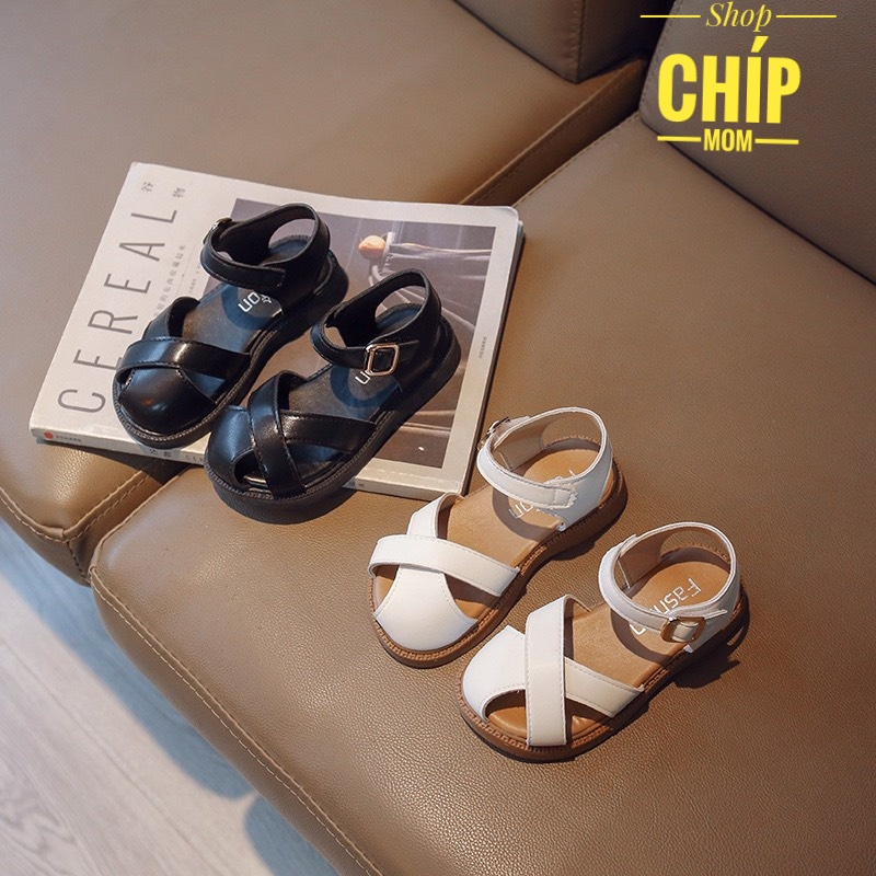 sandal bé gái dép quai hậu cho bé da PU mềm QCCC thời trang hè thu cho bé từ 2 tuổi mẫu mới full hộp đen trắng 933