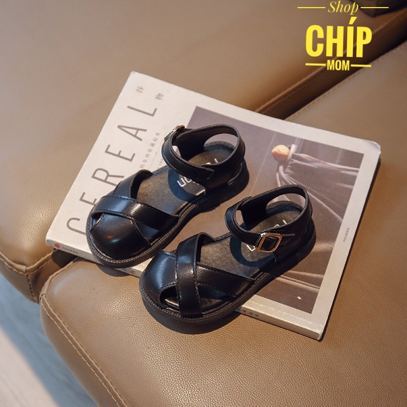 sandal bé gái dép quai hậu cho bé da PU mềm QCCC thời trang hè thu cho bé từ 2 tuổi mẫu mới full hộp đen trắng 933