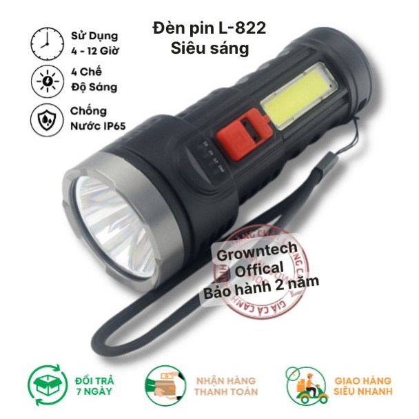 Đèn pin siêu sáng L822 GROWNTECH tích hợp LED bên hông ,cổng USB sạc điện thoại đa năng tầm xa chiếu 300 mét cực sáng