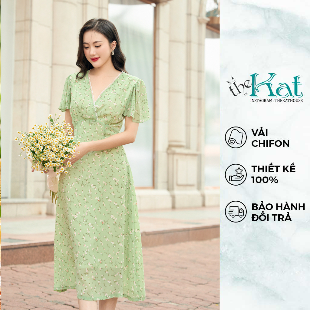 Đầm Hoa Viền Ren Cổ The Kat House, vải Chiffon dày cao cấp, măc đi chơi, đi làm đều đẹp