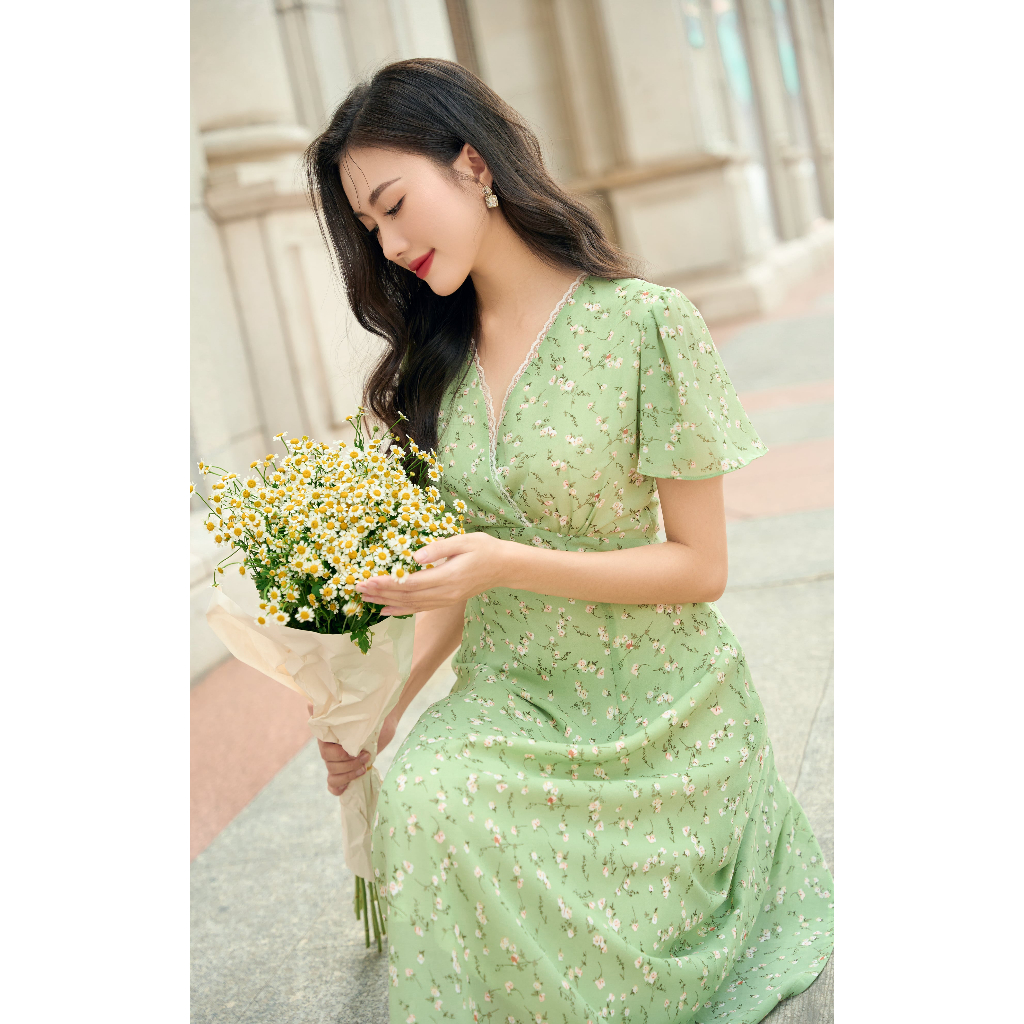 Đầm Hoa Viền Ren Cổ The Kat House, vải Chiffon dày cao cấp, măc đi chơi, đi làm đều đẹp