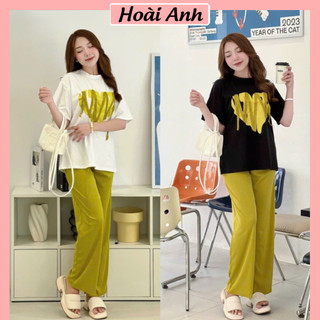 Set Bộ Đồ Nữ Áo Phông Trái Tim Xanh Nõn Chuối Dây Nổi Mix Quần Tăm Suông Ống Rộng Freesize