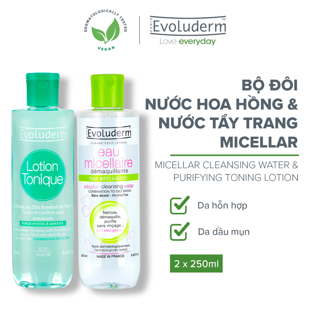 Ảnh Combo chăm da hỗn hợp dầu mụn với nước hoa hồng và nước tẩy trang Evoluderm 250ml 2