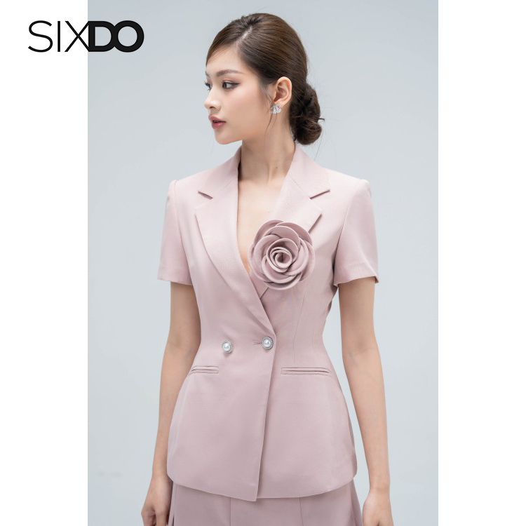 Áo vest nữ cộc tay cổ V phối hoa ngực SIXDO Light Mauve Short Sleeves Vest