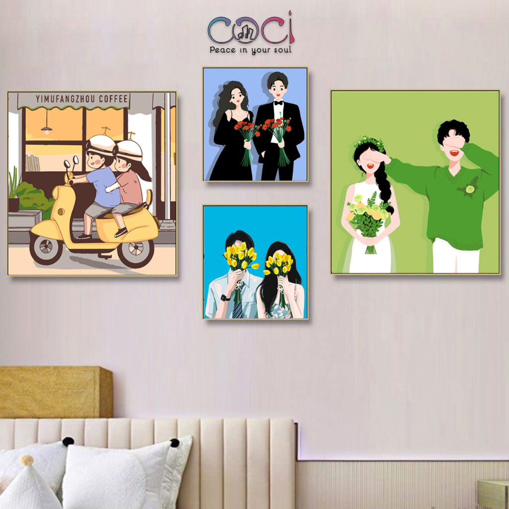 Tranh số hoá tự tô màu theo số cặp đôi tình yêu COCI size nhỏ mini đơn giản dễ tô TYC