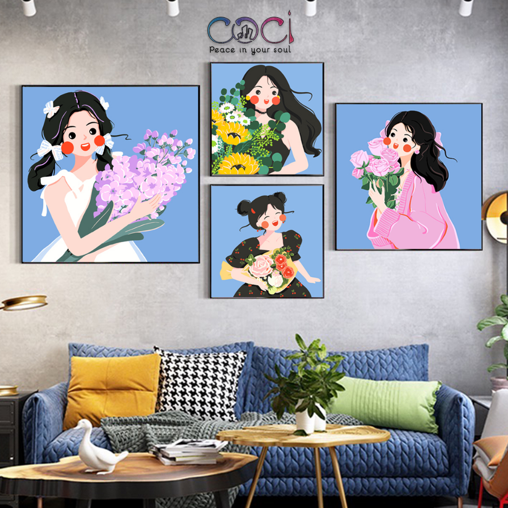 Tranh tô màu theo số cô gái ôm hoa COCI mini đơn giản dễ tô cho người mới CGC