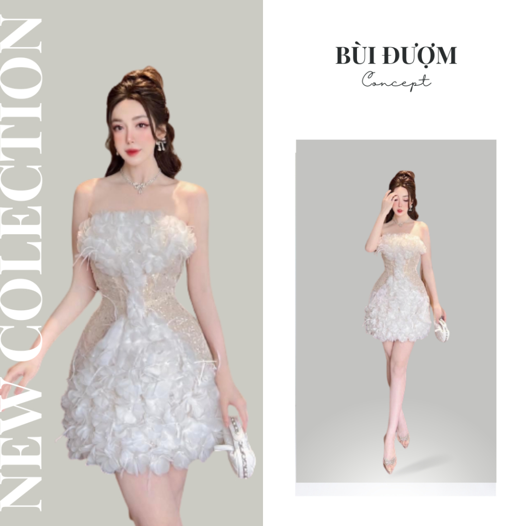 Đầm Cúp Ngực Trắng Đính Lá Nổi Sang Chảnh Bùi Đượm Concept, Váy Trắng Dự Tiệc Thiết Kế Dáng Ngắn Chiết Eo Tinh Tế ĐủSize