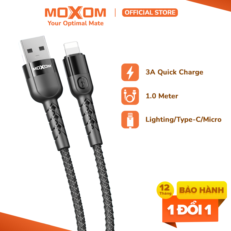 Dây sạc bọc dù MOXOM Mate 3A dài 1m dùng cho x xs max 11 12 13 14 Samsung Oppo Xiaomi Redmi