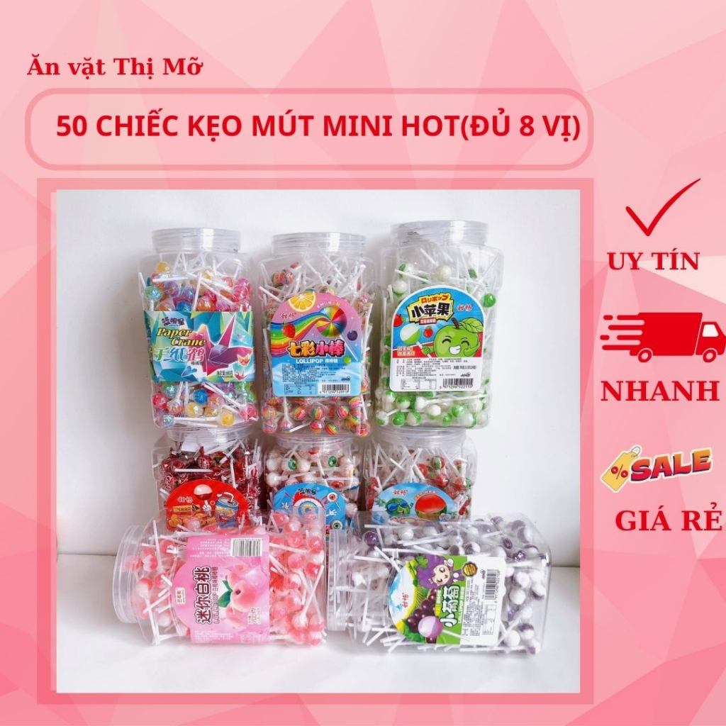 Kẹo mút mini lấp lánh/ táo, nho, đào, cầu vồng, sữa chua, coca gồm 50 ...