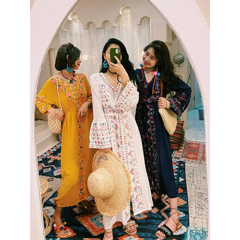 Đầm Thêu Hoa Thổ Cẩm Vintage Phong Cách Boho Sẵn 3 Màu Vàng , Trắng , Xanh