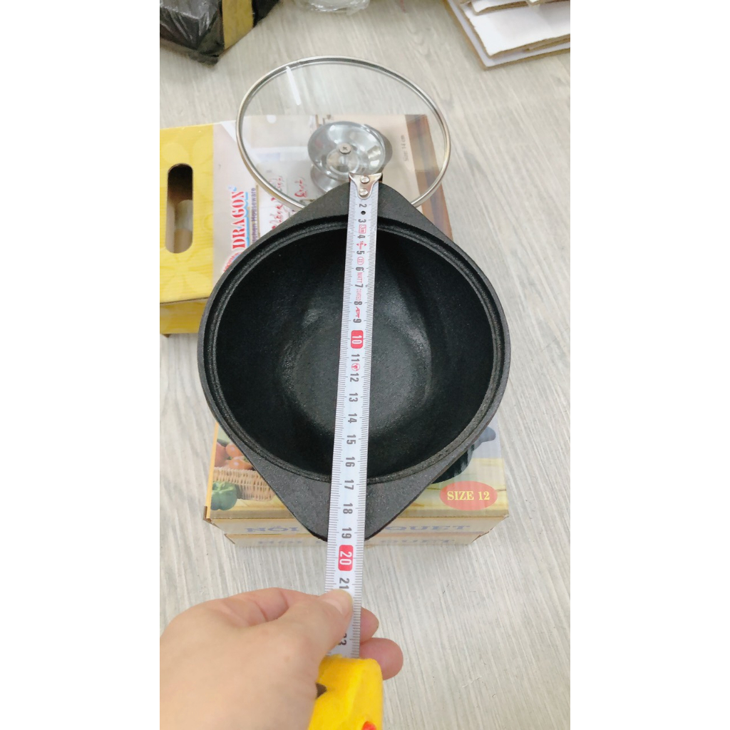 Thố gang - Nồi gang nắp kính đáy V  12 - 16cm chống dính Vạn Lợi