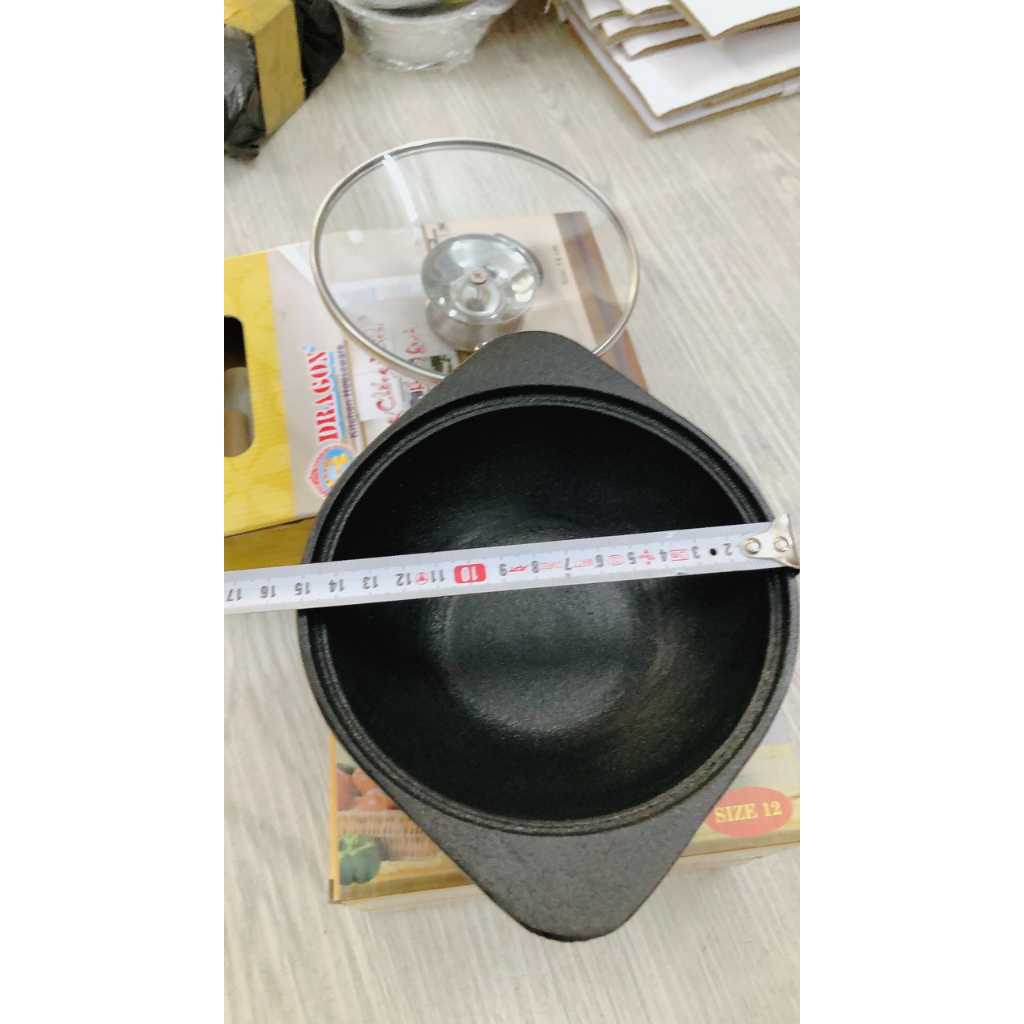 Thố gang - Nồi gang nắp kính đáy V  12 - 16cm chống dính Vạn Lợi