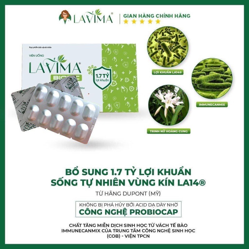 (HOẢ TỐC) Viên uống phụ khoa men vi sinh vùng kín LAVIMA BIOTIC ( hộp 20 viên)