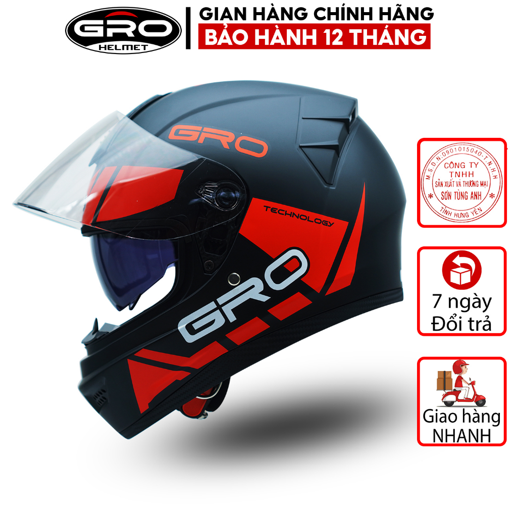 Mũ Bảo Hiểm Fullface GRO Helmet có kính chính hãng, thiết kế 2 kính, kiểu dáng mạnh mẽ cho nam - Nhiều màu