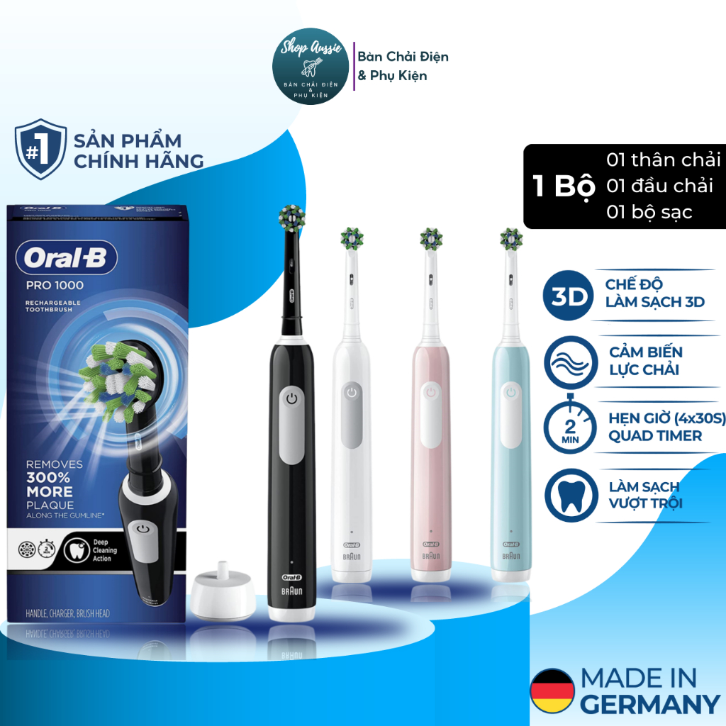 Bàn Chải Đánh Răng Điện OralB Pro1000 Cảm Biến Lực Chải, Làm Sạch