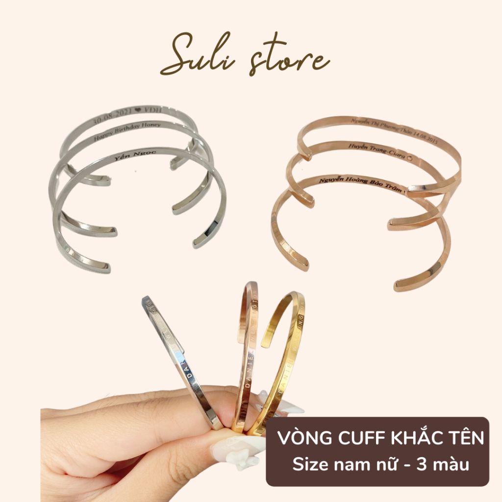 Vòng tay CUFF khắc tên theo yêu cầu không rỉ Suli store