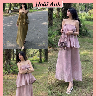 Set Bộ Đồ Nữ Áo Quây Đũi Xốp Xếp Ly Ngực Mix Chân Váy Dáng Dài Có Lót Trong Freesize