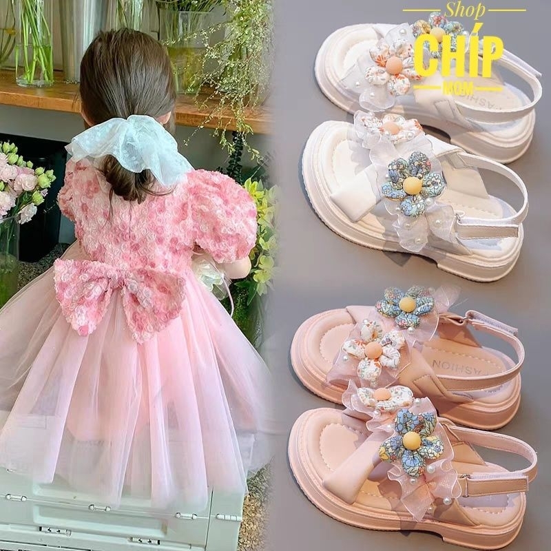 sandal bé gái dép quai hậu cho bé đi học chơi bông hoa công chúa có size đại quái chéo thời trang hè QCCC YQ518