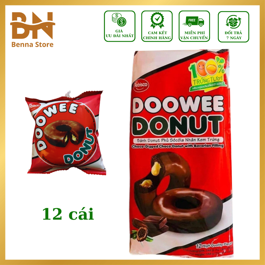 Bánh Donut Nhân Kem Trứng Phủ Socola Doowee Donut Gói 12 Cái Bánh Donut Socola Benna Store