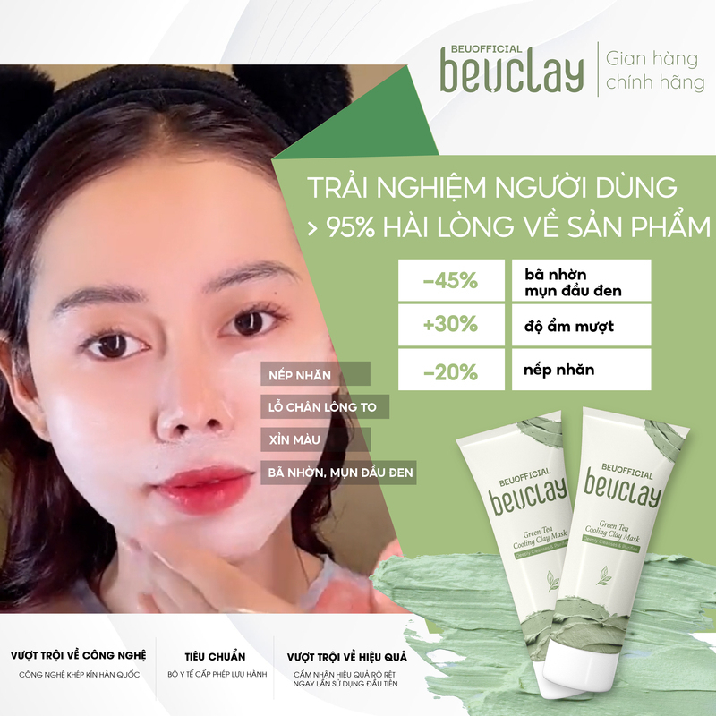 Ảnh Mặt nạ đất sét BEUCLAY trà xanh sáng da, se khít lỗ chân lông, kiểm soát dầu, hỗ trợ giảm mụn cám mụn đầu đen 2
