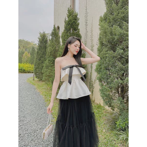 Somee studio Jeanne top Áo quây tafta nơ ngực