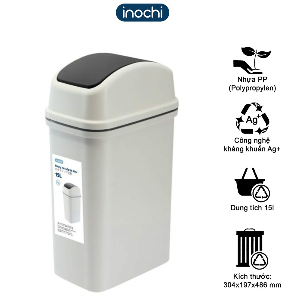 Thùng rác NẮP LẬT - kèm lõi cao cấp Hiro Inochi - Kháng khuẩn kháng mùi 5L/10L/15L