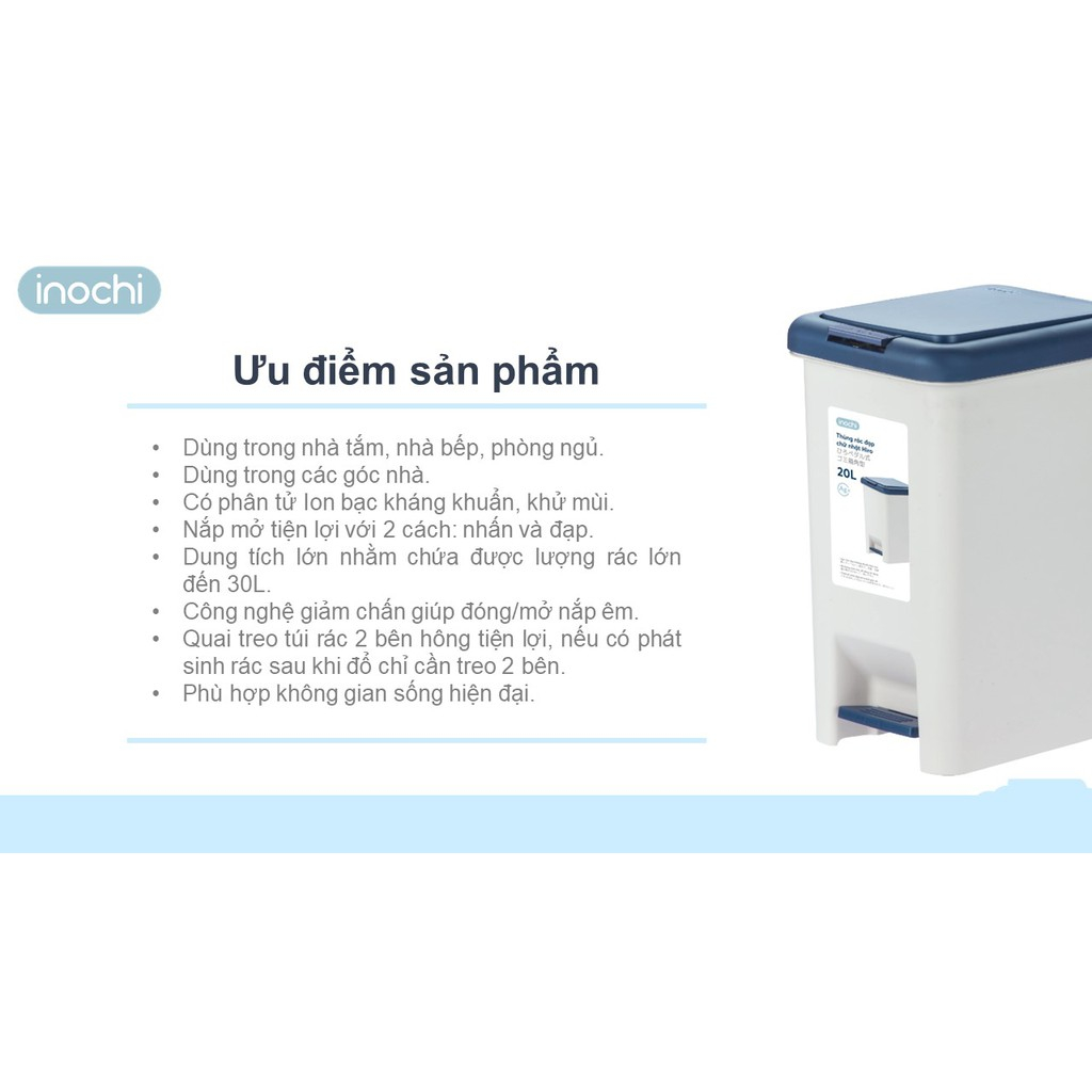 Thùng rác đạp chân chữ nhật 30L Inochi - nhựa cao cấp phù hợp sử dụng cho văn phòng, gia đình