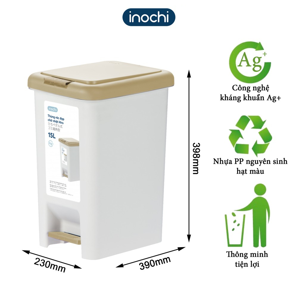 Thùng rác đạp chân chữ nhật Inochi 15L có lõi, có nắp đậy - Kháng khuẩn, an toàn