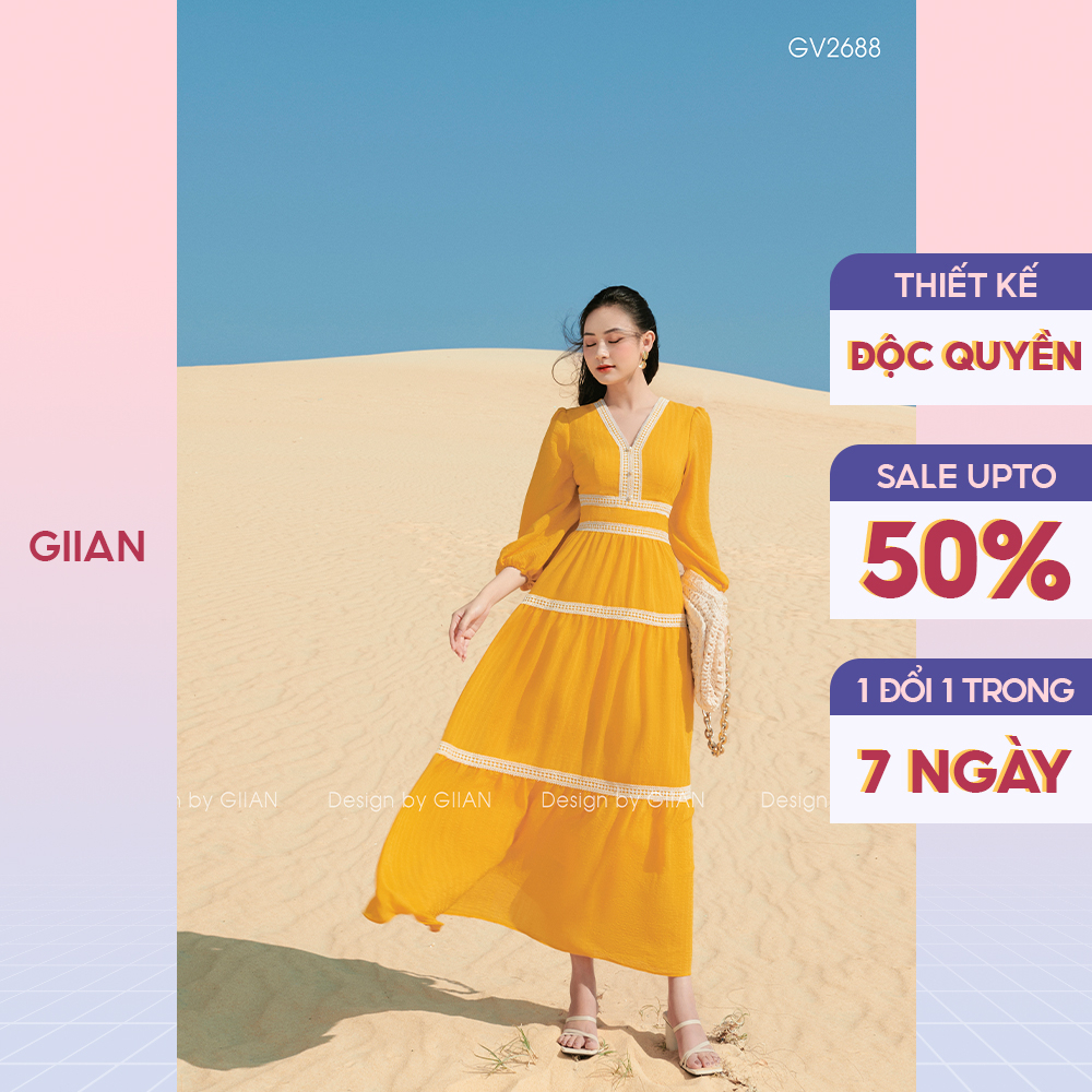 Váy maxi đi biển dáng dài phối viền ren thiết kế cổ V vải xốp gân cao cấp Giian - GV2688