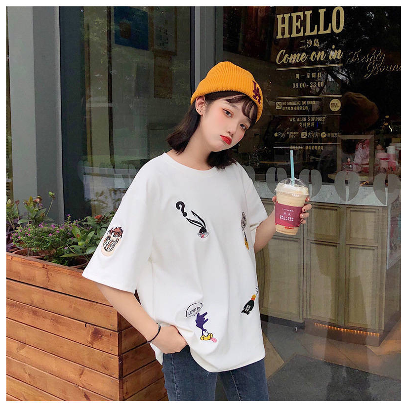 Áo thun nữ tay lỡ HappyFamily mẫu form rộng họa tiết đáng yêu chất vải cotton 100 cao cấp