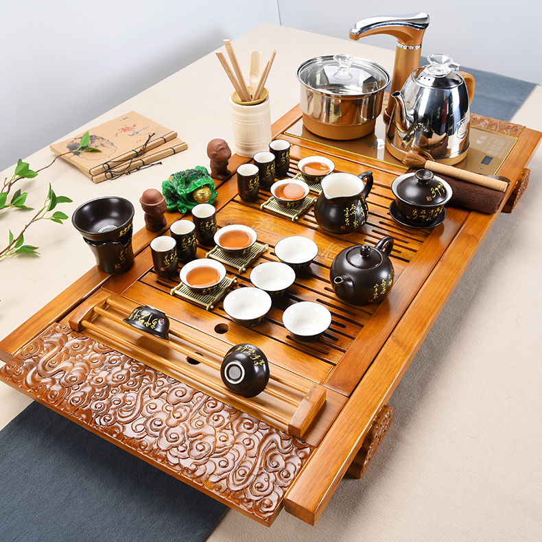 Bộ bàn trà điện trung quốc thông minh kèm ấm chén trà đạo khắc bài thơ về  trà mộc mạc và tinh tế bằng gỗ Sồi tự nhiên | Shopee Việt Nam
