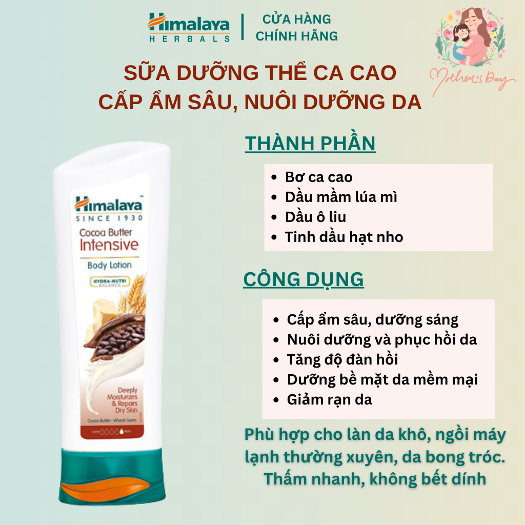 Sữa dưỡng thể dưỡng ẩm sâu mùi ca cao Himalaya Cocoa Butter Intensive Body Lotion 200ml