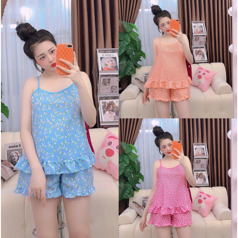 Bộ đùi ngủ 2 dây, bộ ngủ mặc nhà vải lụa hoa tiết hoa phom 40-63kg - B62