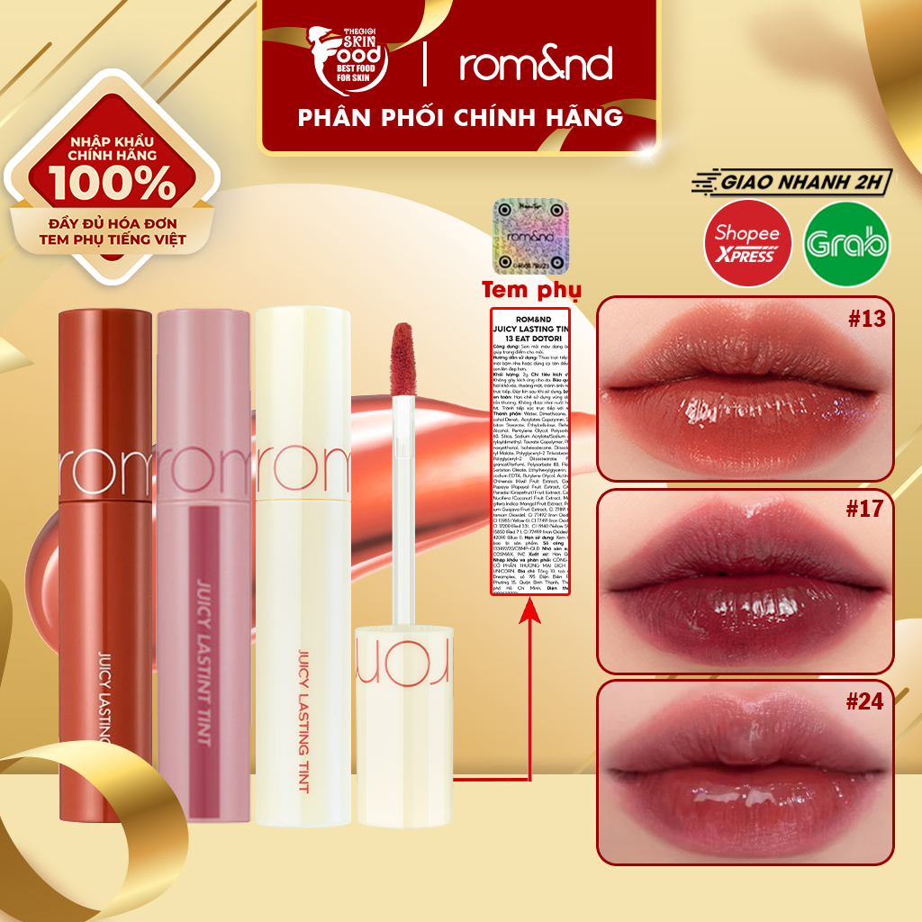 Son Tint Bóng, Siêu Lì, Căng Mọng Môi Hàn Quốc Romand Juicy Lasting Tint 5.5g (12 đỏ cherry, 13 nâu gạch)