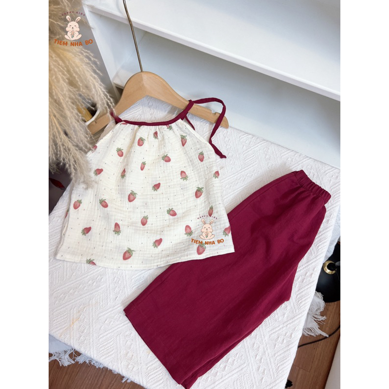 Set áo yếm cho bé gái kèm quần ống rộng thiết kế đi biển đi chơi 2 màu vải xô muslin cho bé từ 1-5 tuổi Tiệm Nhà Bơ