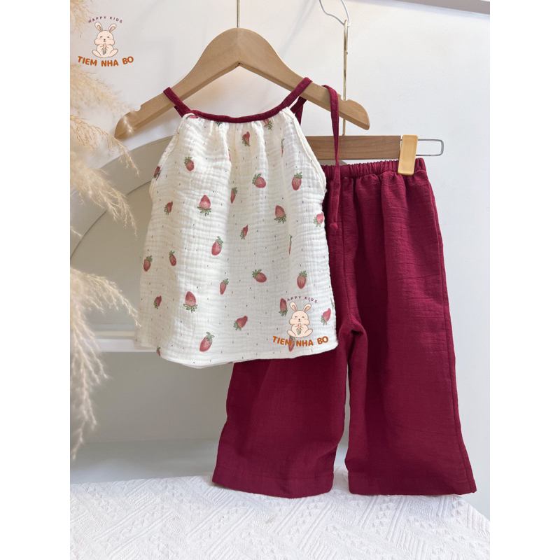 Set áo yếm cho bé gái kèm quần ống rộng thiết kế đi biển đi chơi 2 màu vải xô muslin cho bé từ 1-5 tuổi Tiệm Nhà Bơ